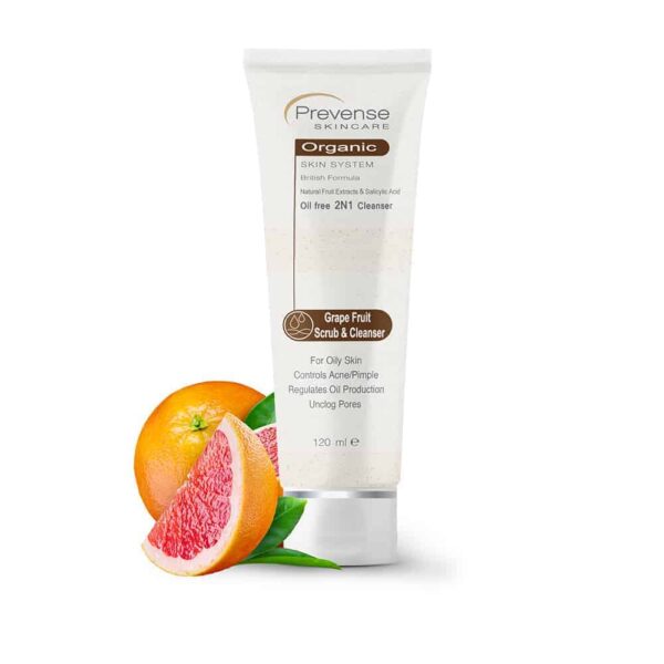 Prevense Organic Grape Fruit Face Scrub & Cleanser Oil Free 2 in 1 Cleanser 120Ml in a tube