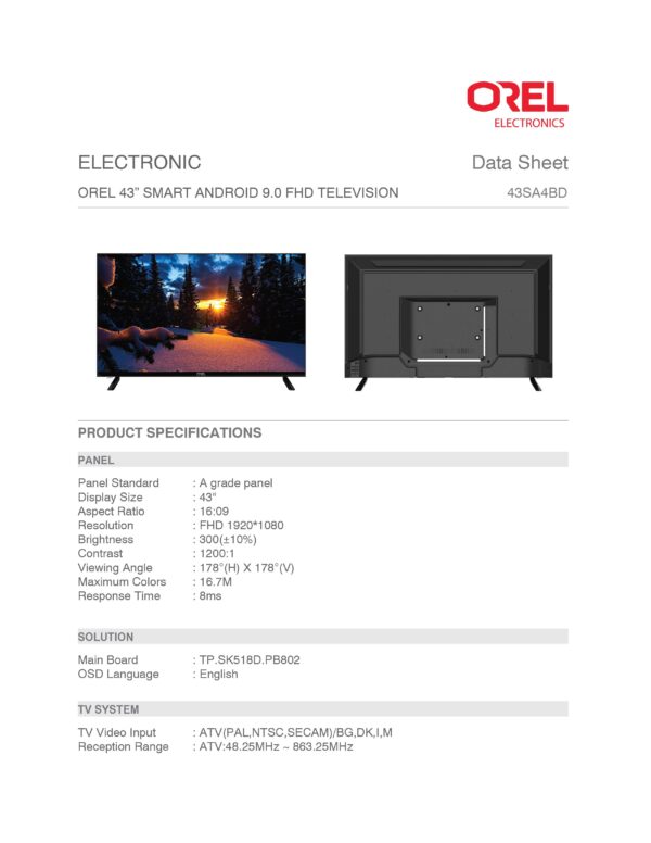 OREL 43” SMART ANDROID 9.0 FHD TV - Image 3