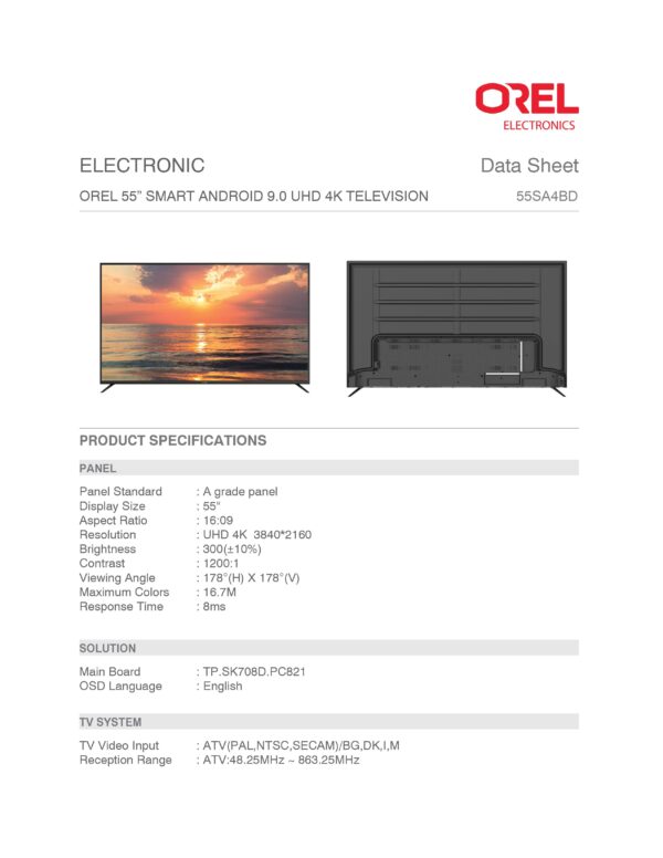 OREL 55' Smart Android 9.0 UHD 4K TV - Image 5