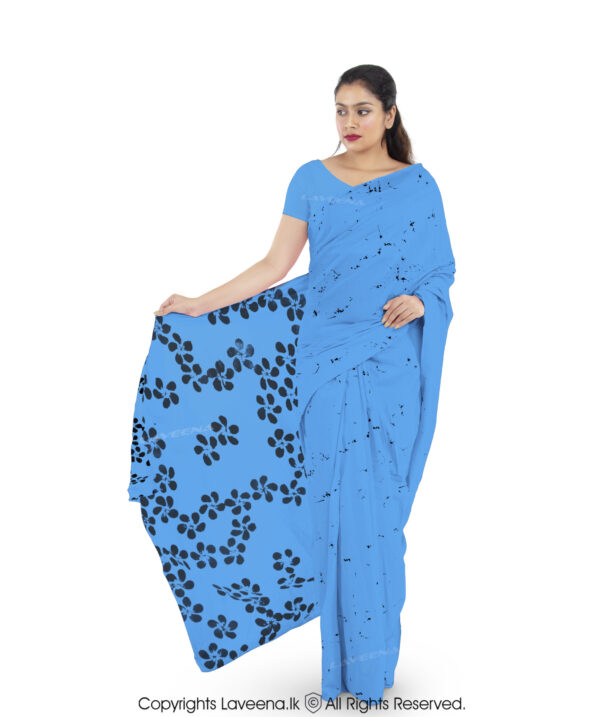 Laveena Cotton Batik Saree - Sky Blue with Black - Image 2