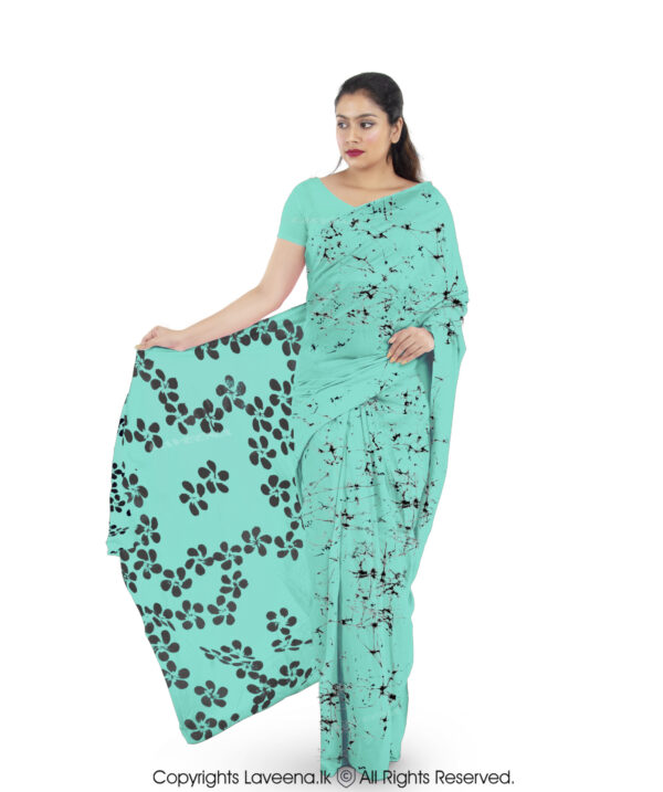 Laveena Cotton Batik Saree - Black with Cerulean Green