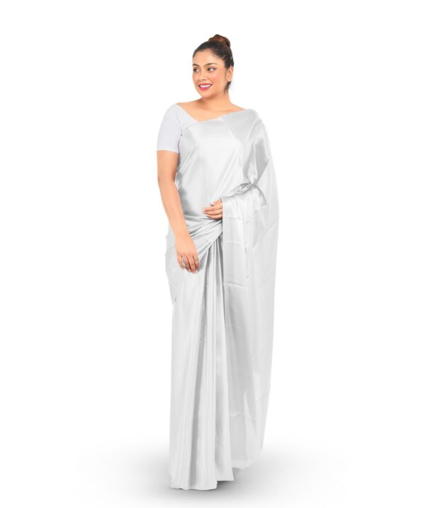 Plain Satin Saree - White - Image 2