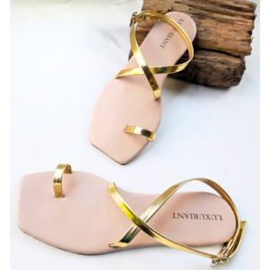 Women Gold Straps Flat Shoes Flip Flops Slipper Pink Colour