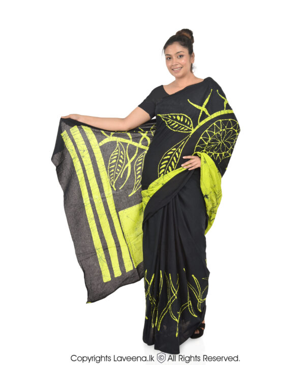 Laveena Cotton Voil Batik Saree - Bright Green with Dark Blackish Green - Image 3