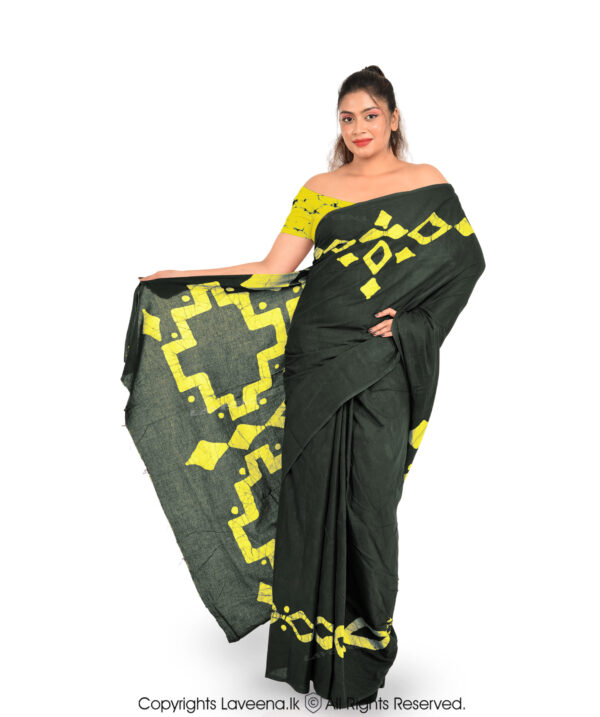 Laveena Cotton Voil Batik Saree - Blackish Green with Yellow - Image 2