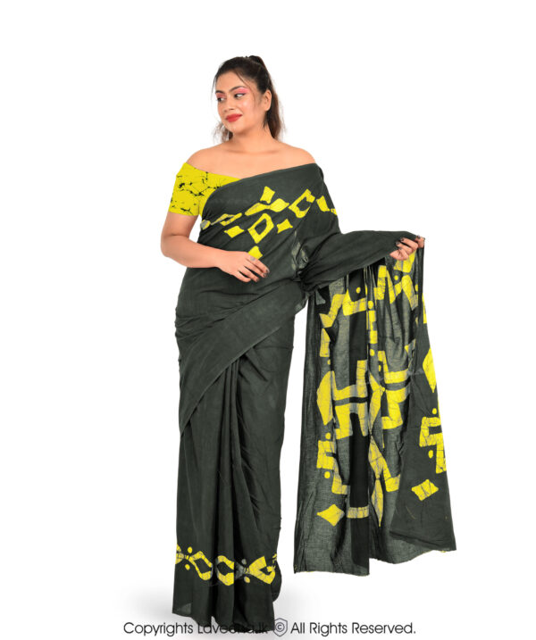 Laveena Cotton Voil Batik Saree - Blackish Green with Yellow