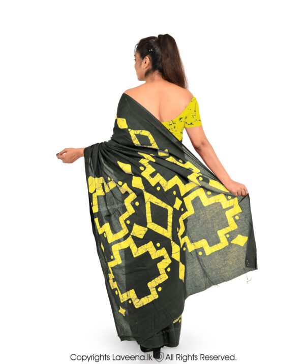 Laveena Cotton Voil Batik Saree - Blackish Green with Yellow - Image 3