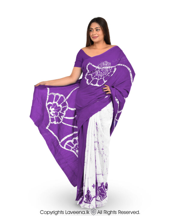 Laveena Cotton Voil Batik Saree - White with Purple