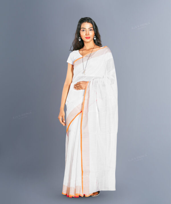 Cotton Saree -White with Orange & bronze Stitch Boarder