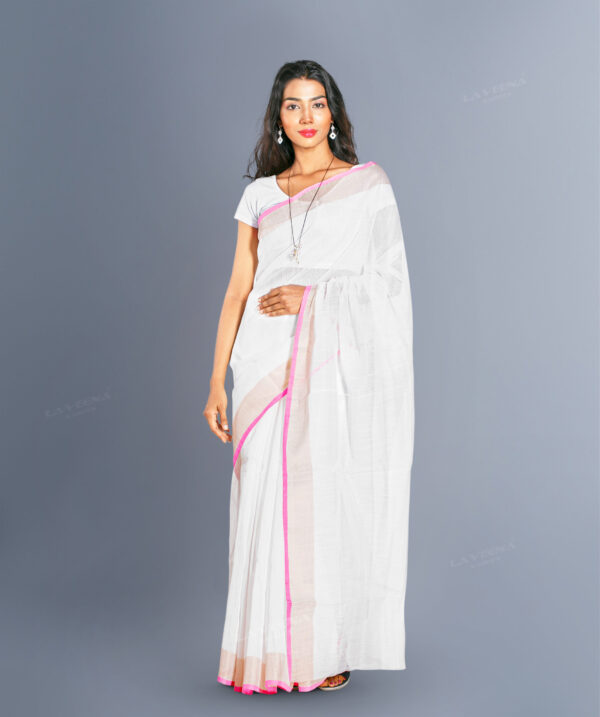 Cotton & Silk Mix Saree -White with Pink & bronze Stitch Boarder - Image 3