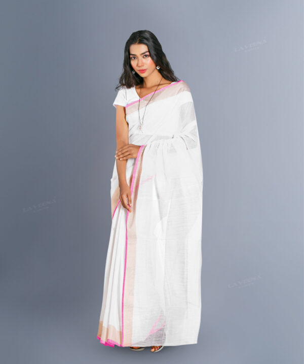 Cotton & Silk Mix Saree -White with Pink & bronze Stitch Boarder - Image 2