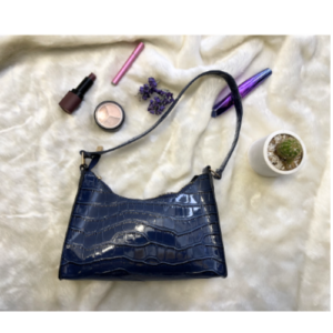 An Image of Croc Embossed Baguette Navy Blue Hand Bag for Women
