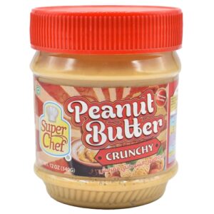 Image of crunchy peanut butter in a transparent glass bottle.