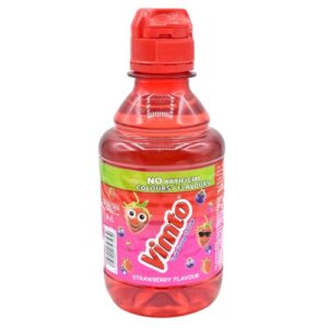 Image of strawberry flavoured drink inside a transparent bottle.