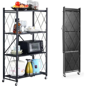 4-Tier Storage Rack Shelving Unit, Heavy Metal Shelf, Foldable Storage Shelf with Wheels, 27.9"x13.4"x49.72" Garage Shelf, Metal Storage Rack, Kitchen Shelf with 4 Hooks, No Assemble Require