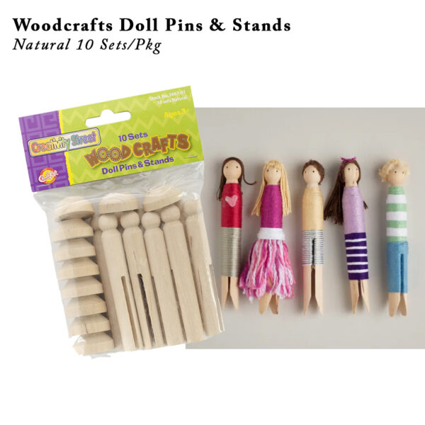 Woodcrafts Doll Pins & Stands Natural 10 Sets